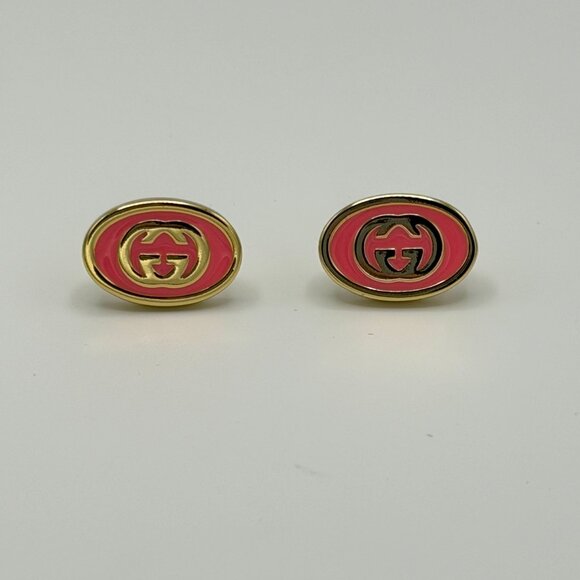 3772 GUCCI JEWELRY GG EARRINGS GOLDEN AND HOT PINK ENAMEL WITH COMPLETE PACKAGIN - Picture 2 of 4